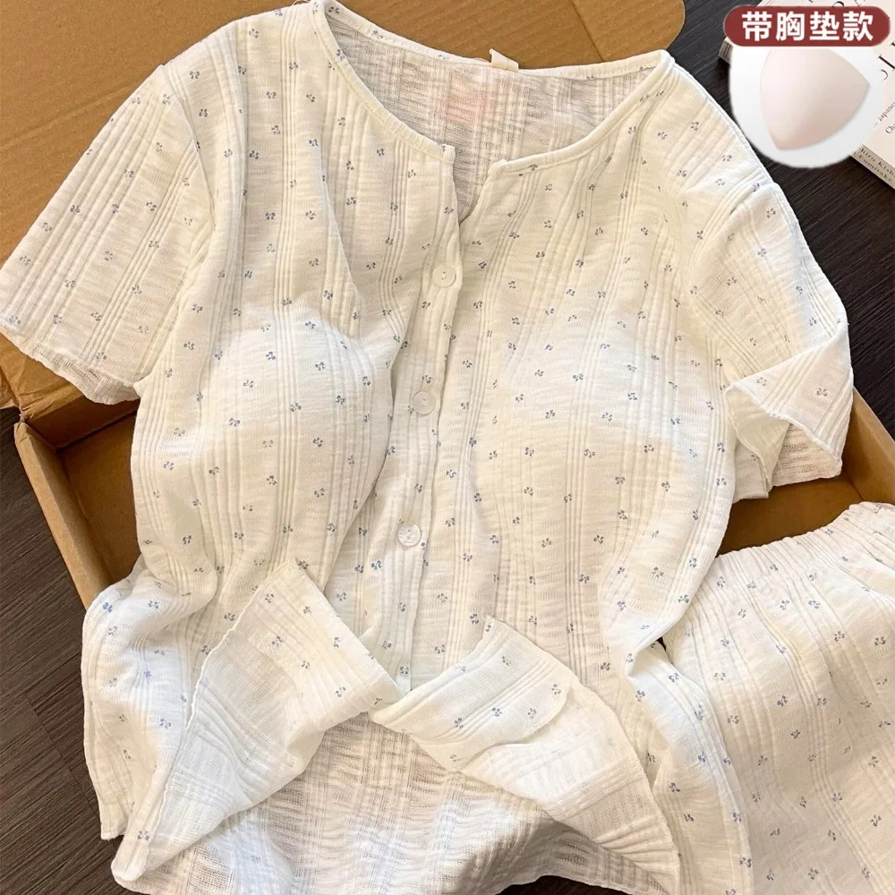 

Floral Sleepwear Women's Cotton Summer Short Sleeve Pajamas for Lady With Chest Pads Two-Piece Ladies Set Loose Pyjamas Woman
