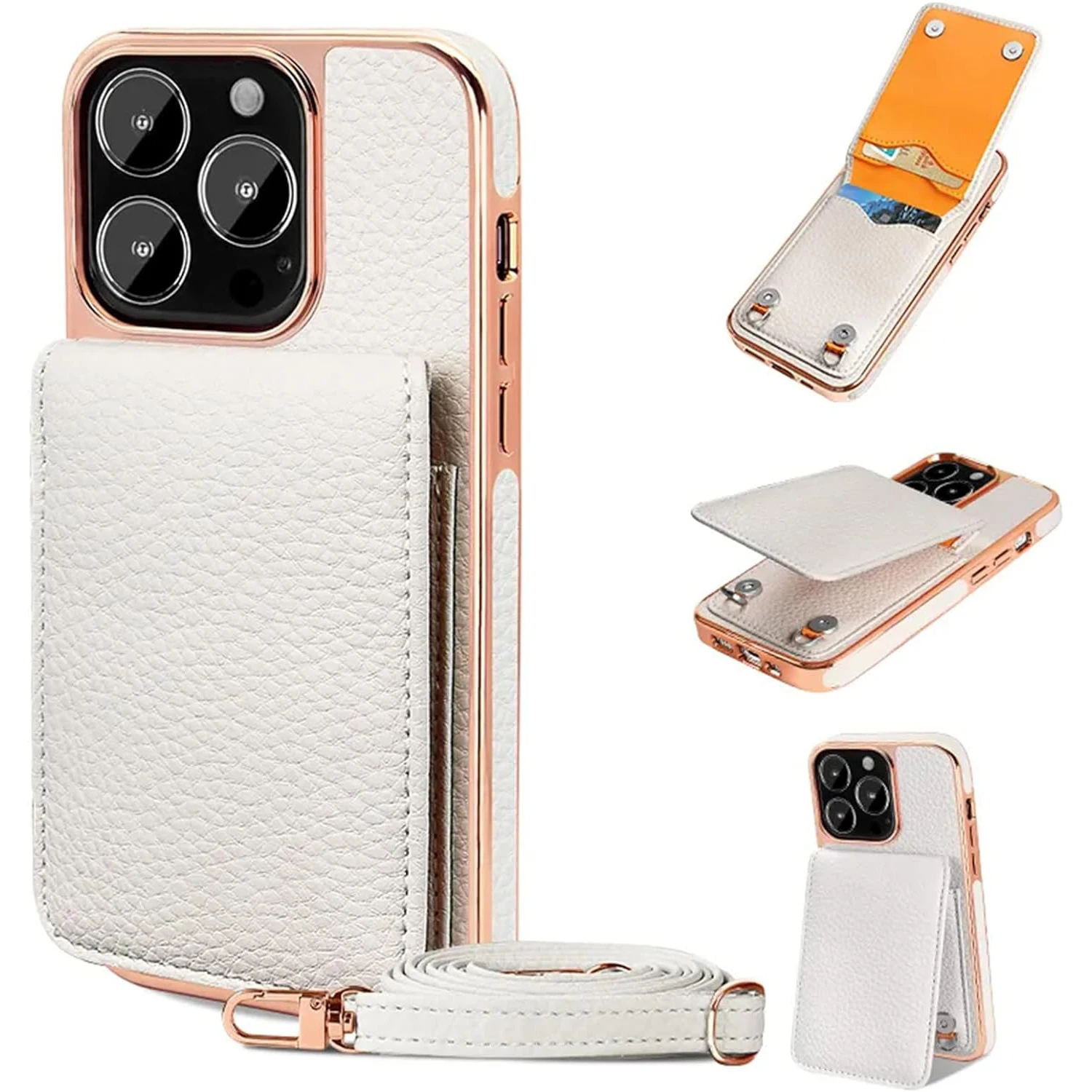 

Crossbody Wallet Case for iPhone 15, Luxurly Gold Plating Edge Premium Leather Case & Card Holder Magnetic Buckle Purse Case