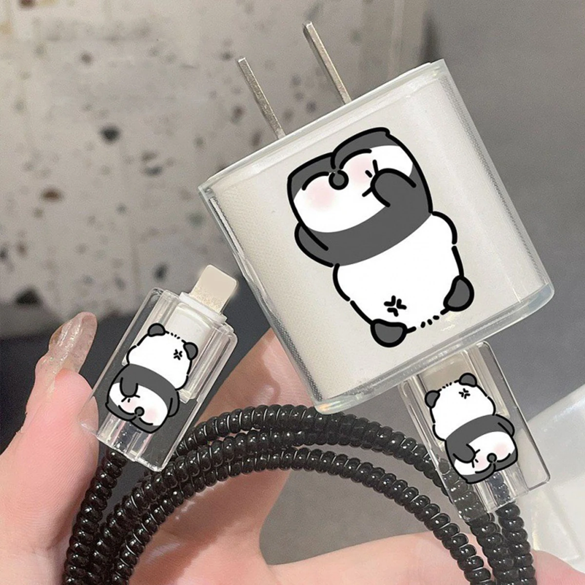 5Pcs-Set Black Panda Soft Charger Protector Case For iPhone 17 16 15 14 18W 20W Charging Head Protective Cover USB Cable Wind