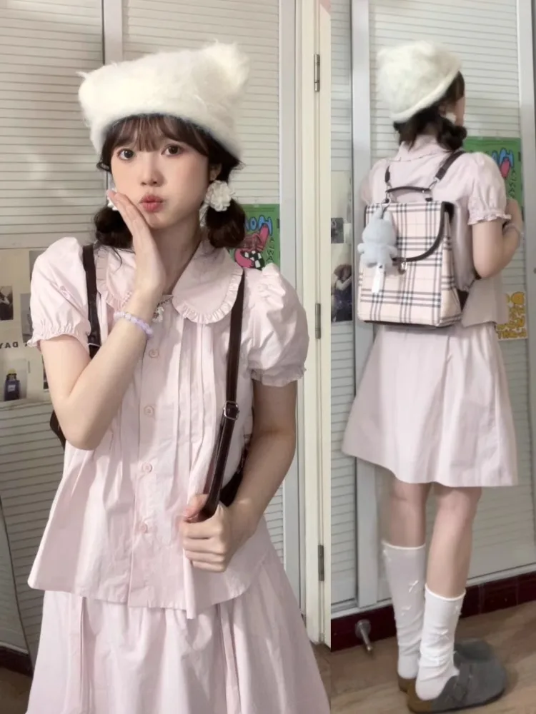 

Pink Sweet Girl's Summer New Style College Style Two-Piece Set with Doll Collar Bubble Sleeve Shirt And Half Skirt for Women