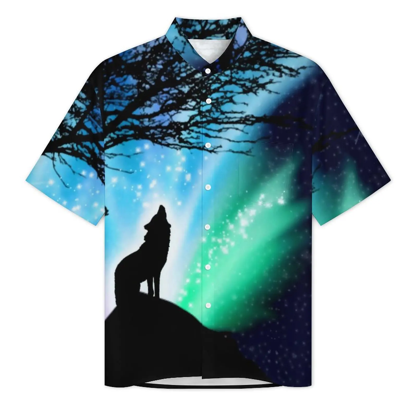 Wild Wolf Vacation Shirt Man Northern Lights Vintage Casual Shirts Hawaiian Short Sleeve Street Style Oversized Blouses Gift