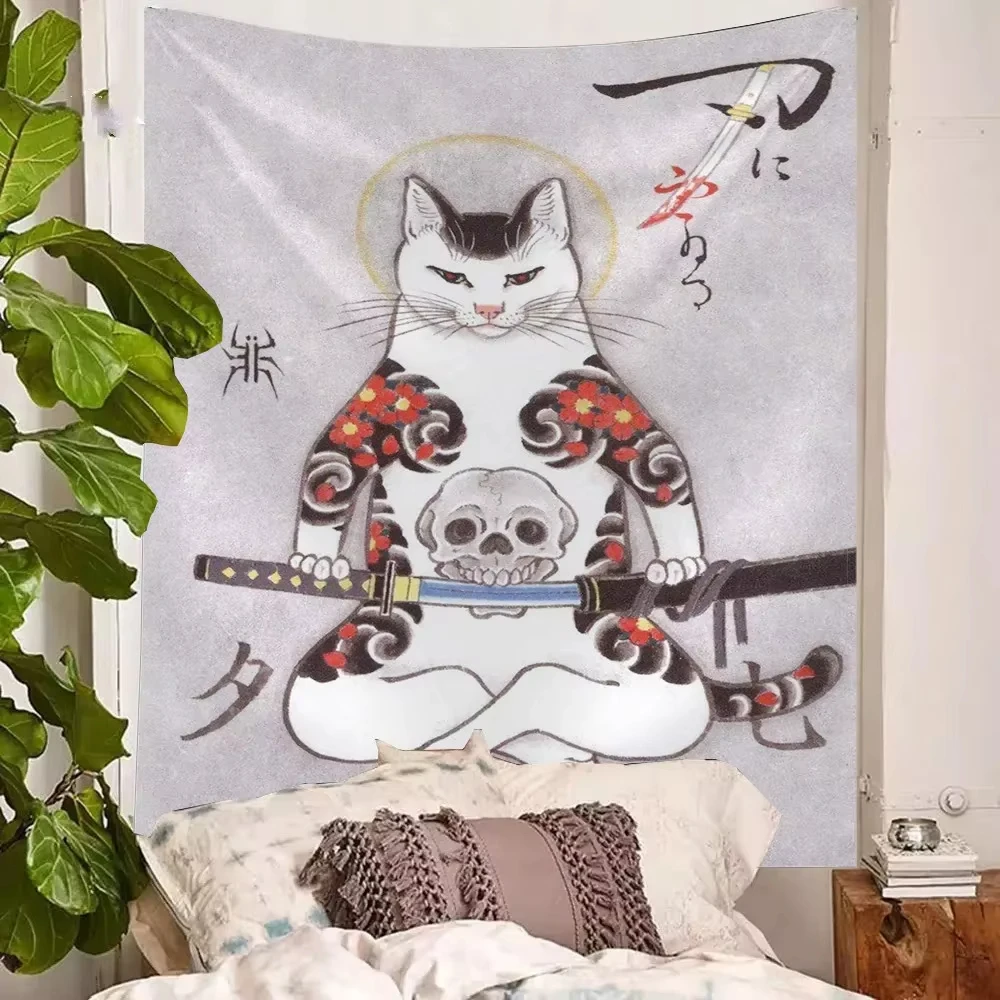 

Japanese Samurai Style Tattoo Cat Anime Tapestry Wall Hanging Wall Art Cartoon Bedroom Print Picture Living Room Decorations