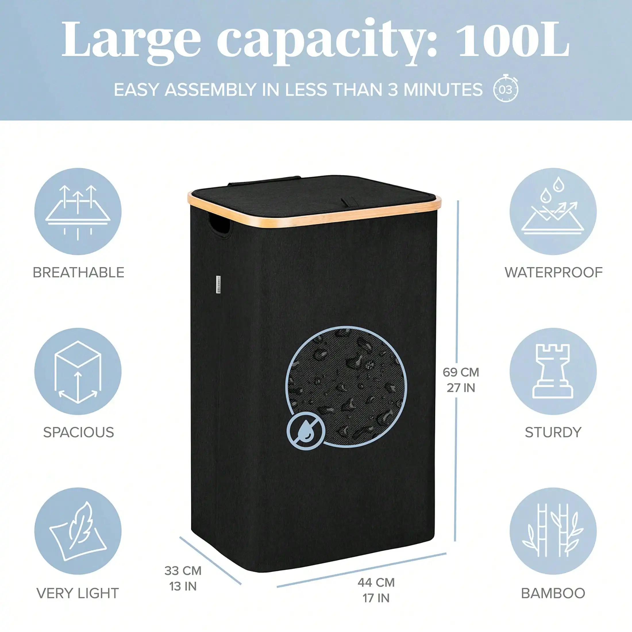 Laundry Hamper With Lid Cover - Sturdy Tall Bamboo Laundry Basket Clothes Organizer - Aesthetic Bedroom Fabric Bin - Big Bathroom Dirty Clothes Hamper - 100 Liters - Beige Vegetable Basket