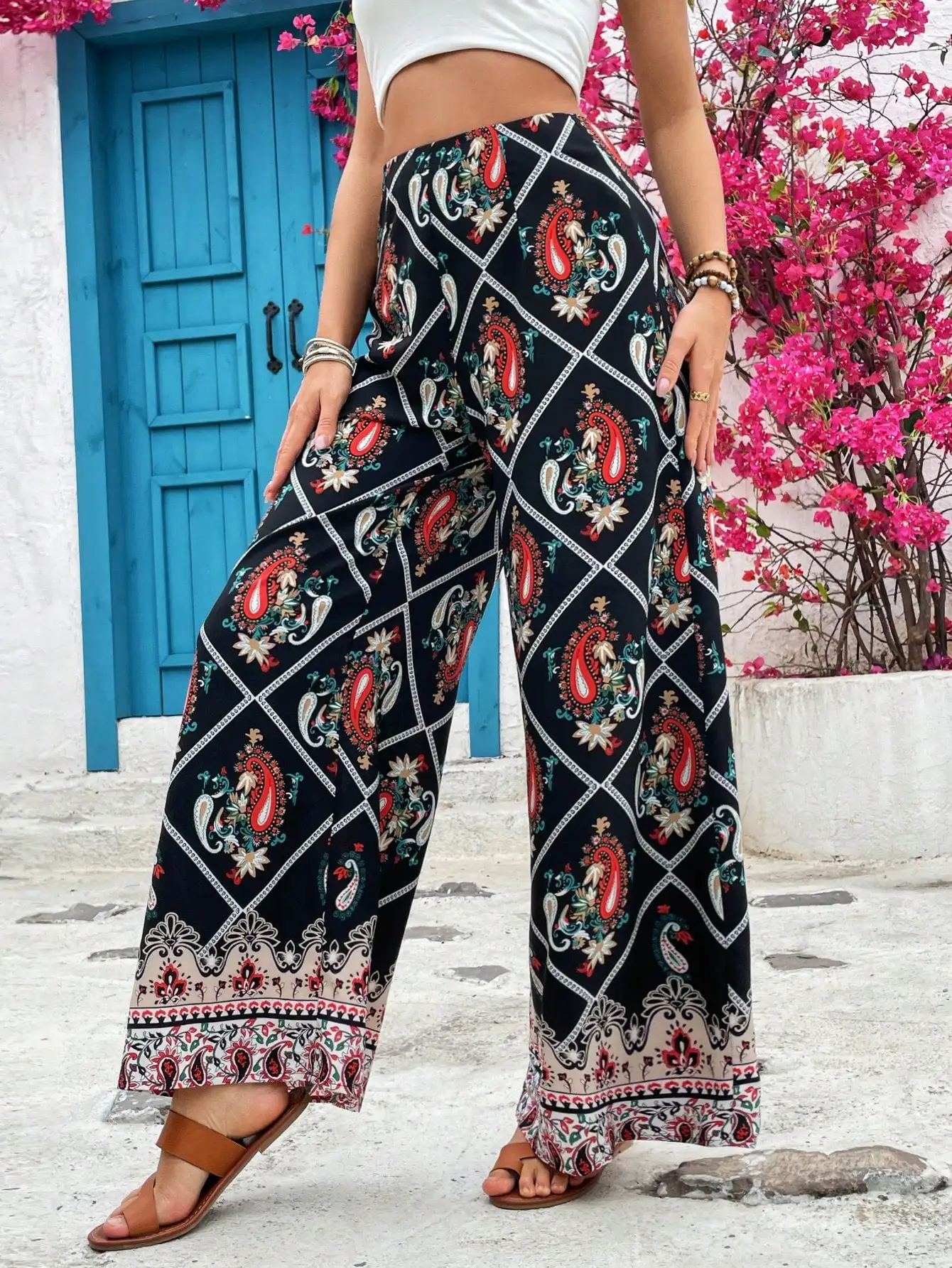 2024 new women\'s trousers, loose wide-leg trousers, ethnic style, summer vacation style, Southeast Asia