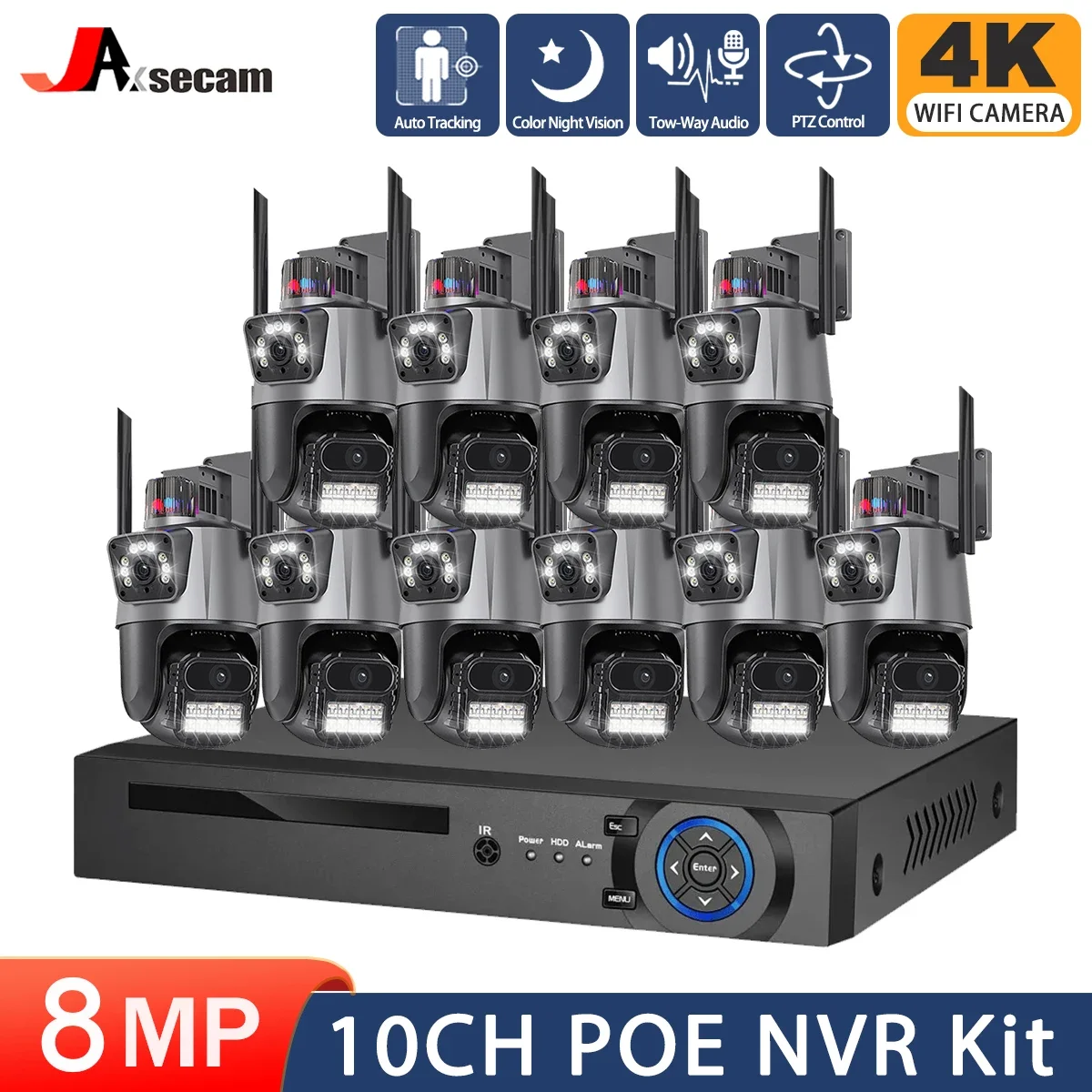 

8MP 4K Wifi Camera Dual Lens 10CH NVR Auto Tracking Waterproof Security CCTV Video Surveillance Police Light Alarm Camera System