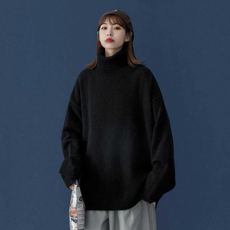 Autumn Winter Thicken Turtleneck Long Sleeve Women Sweater Black White Inside Fashion Loose Casual Oversized Pullover Streetwear