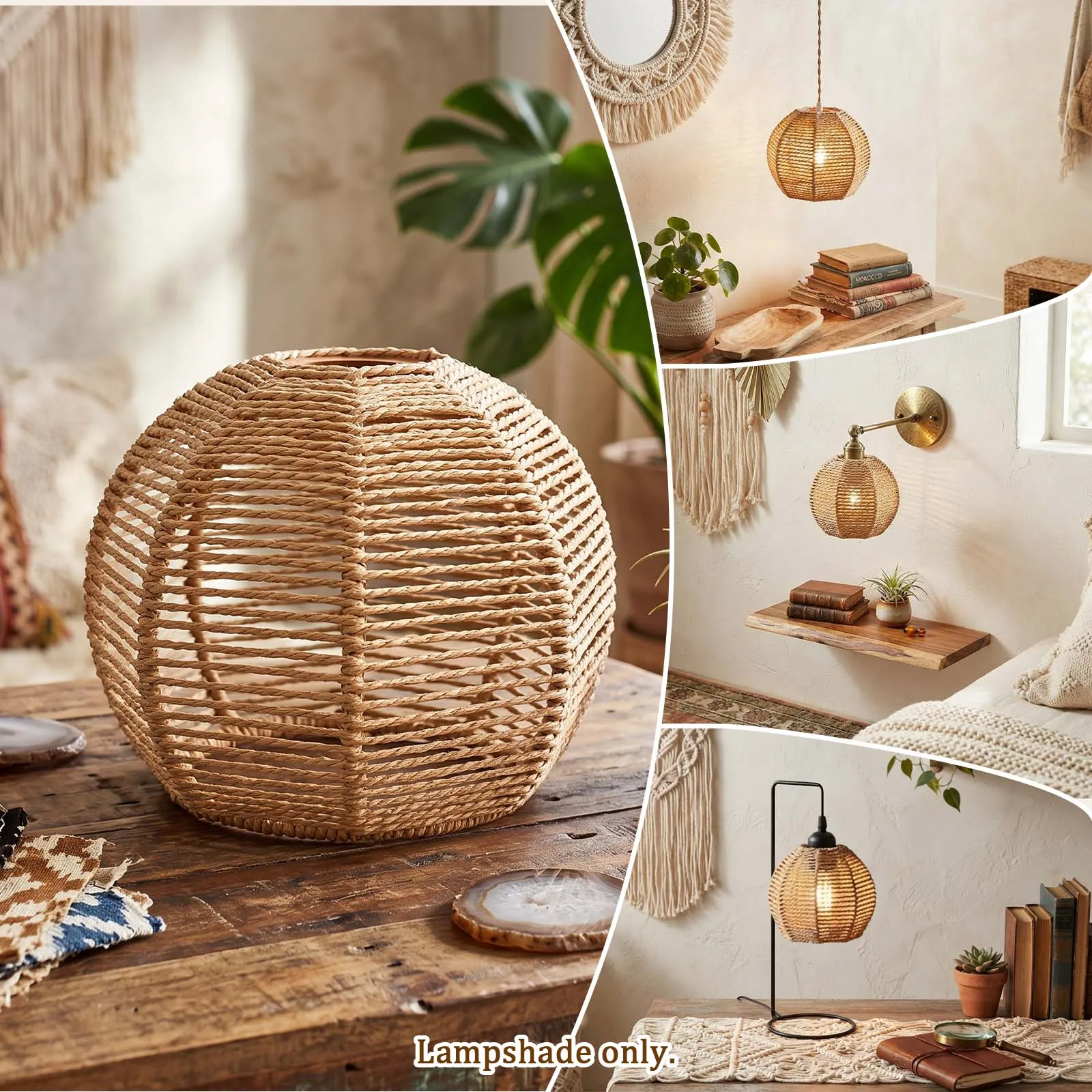 Boho Lamp Shade Natural Jute Rope Woven Globe Cover for Pendant Table Lamp Bedroom