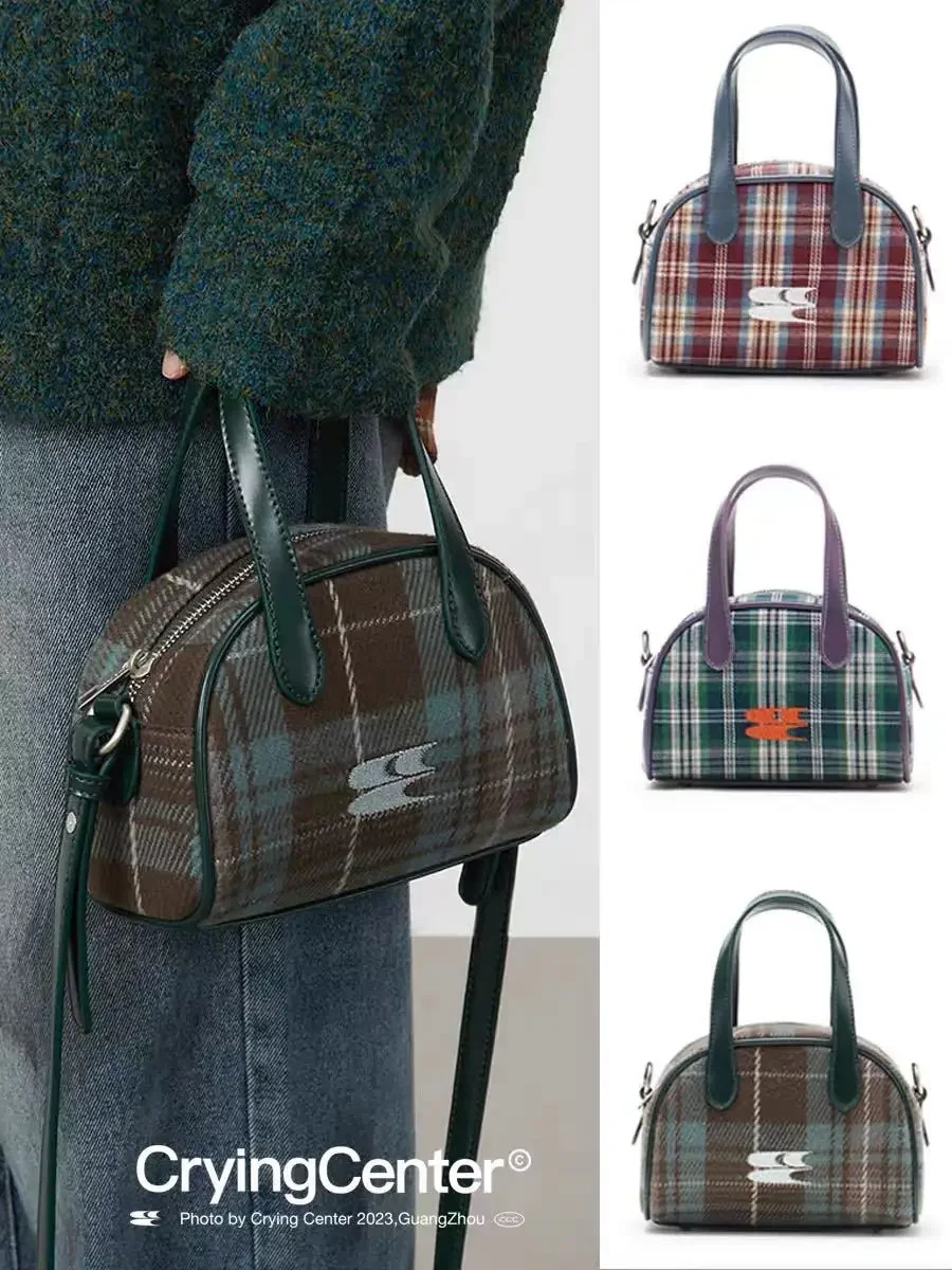 Korean Vintage Plaid Pattern Classical Boston Bag Y2k Aesthetic Streetwear Women Purses and Handbags Trendy Cool Crossbody Bag