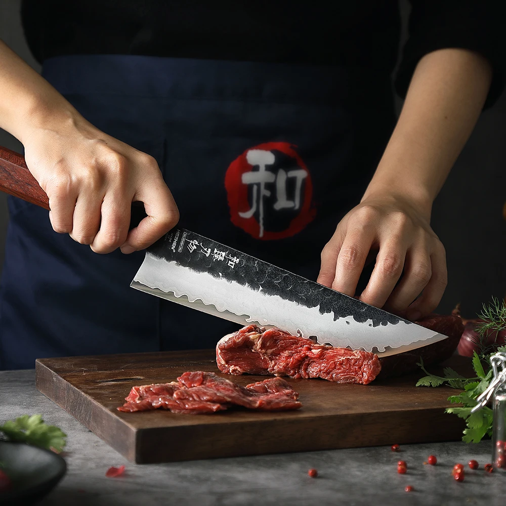 HEZHEN Retro Series Chef Knife Three-layer Composite Steel Stainless Steel Red Wood Handle Kitchen Cooking Knives