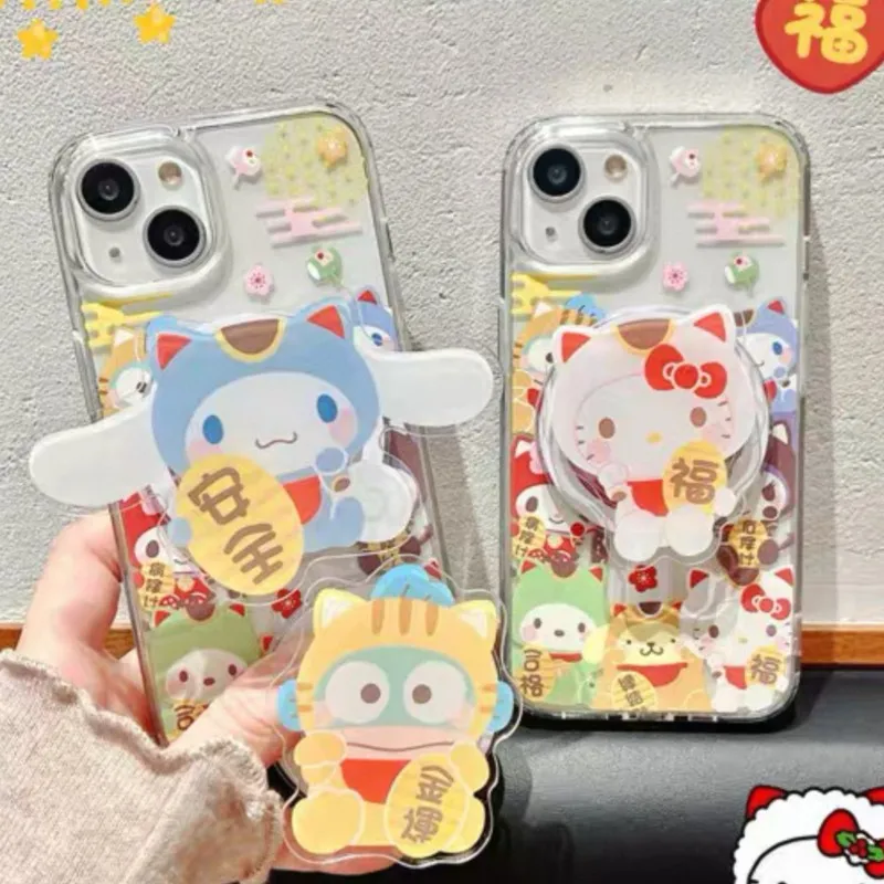 Cute White kitten Face Magnetic Phone Holder Grip Tok Kawaii Bow For Magsafe Foldable Stand for iPhone 18 17 16 Samsung Girls