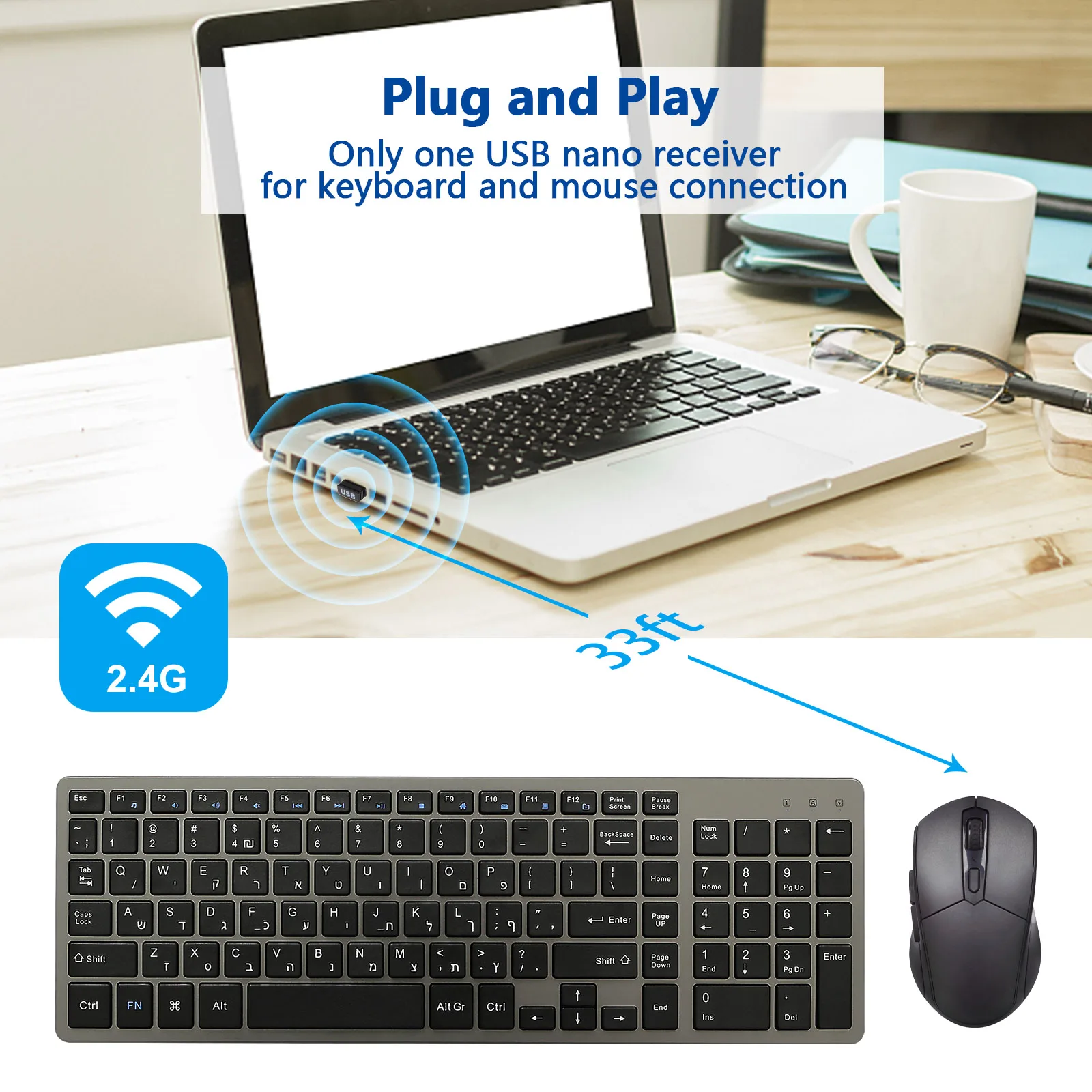 Hebrew Rechargeable Wireless Keyboard and Mouse Kit, USB Slim Keyboard and Silent Mouse, for Windows PC Computer Laptop Mac TV