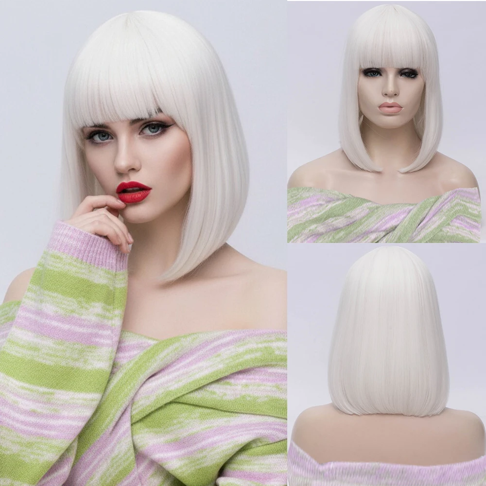 

Синтетический короткий прямой белый парик с челкой для женщин, для костюмов на Хэллоуин и фэнтези-косплея, для вечеринок, термостойкие искусственные волосы