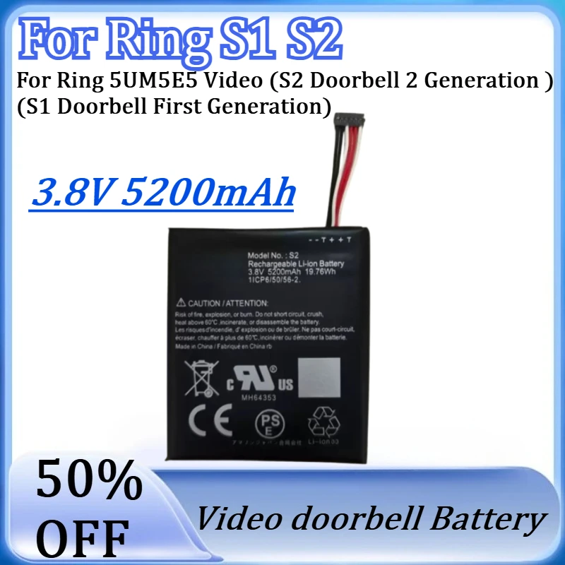 New 3.8V 5200mAh S1 S2 Replacement Battery for Ring 5UM5E5 Video (S2 Doorbell 2 Generation ) (S1 Doorbell First Generation)
