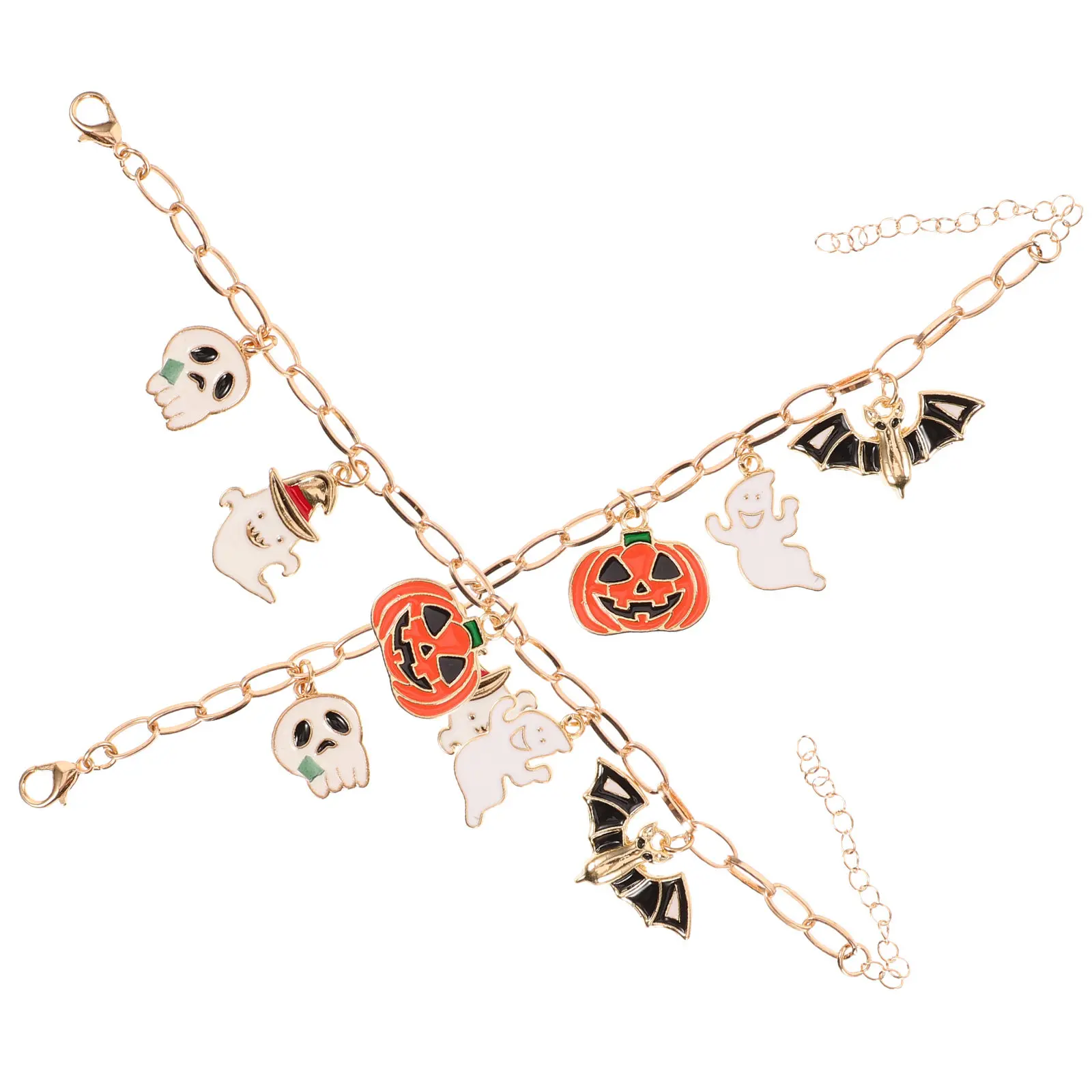 2Pcs Halloween Jewelry Bracelet Alloy Chain with Smooth Edges Bat Pumpkin Lip Ghost Pendant Stylish Drop Oil Bangle for Women