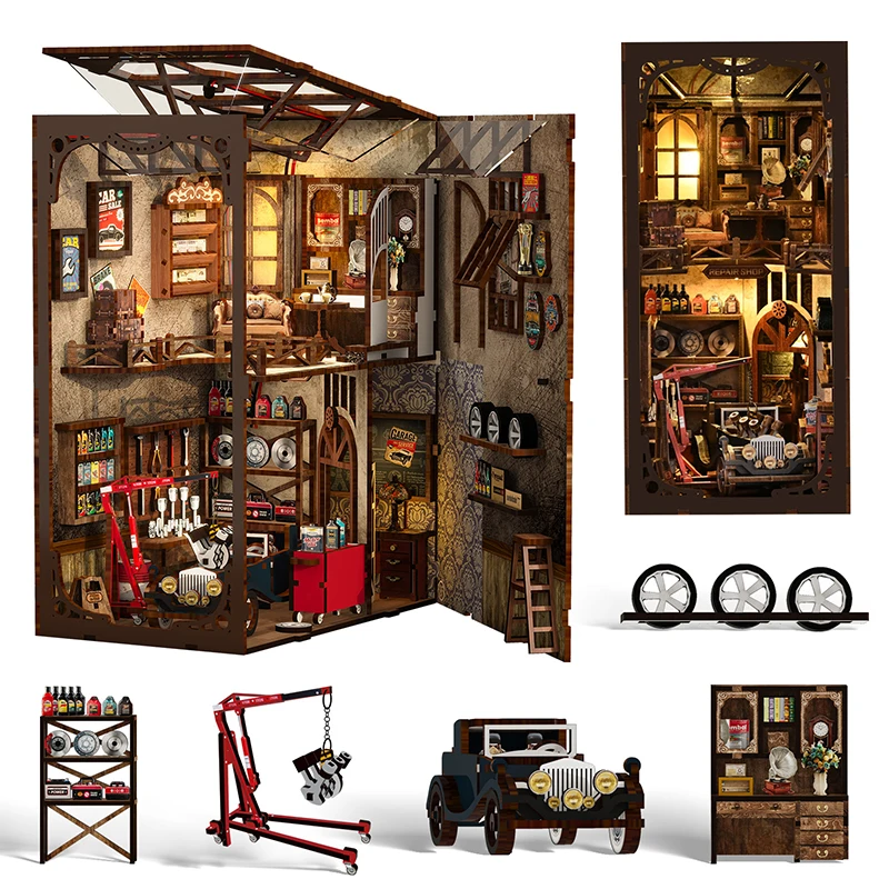DIY Wooden Book Nook Figurines Miniatures Craftsmanship Repair Shop Bookend Bookshelf Friends Birthday Gifts Home Decor Crafts