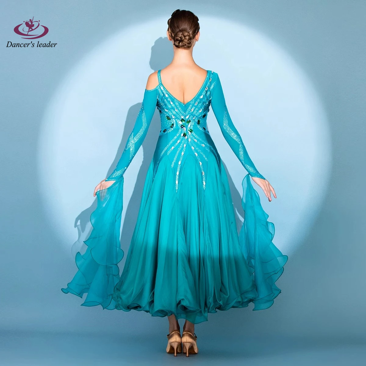 Latin Dance Diamond Vrouwelijke Volwassen Kinderen High-end Aangepaste Blues Mesh Grote Rok Wals Prestaties Hoge Flash Jurk