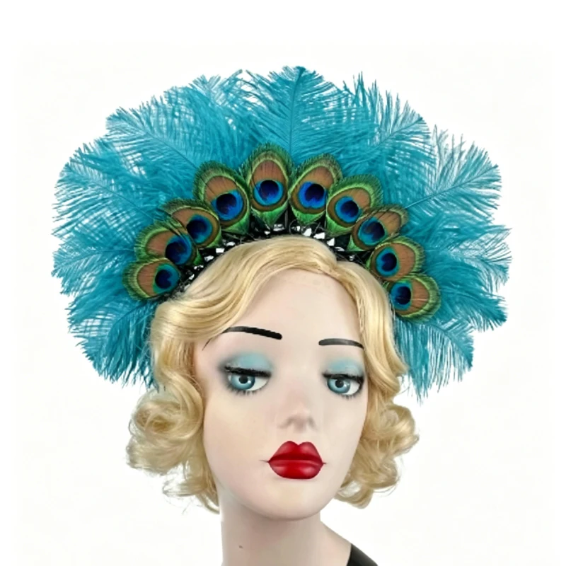 Peacock Eye Feather Headpiece with Ostrich Feathers, Roaring 20s Flapper Headband Gatsby Style Halo Crown Hair Accessory