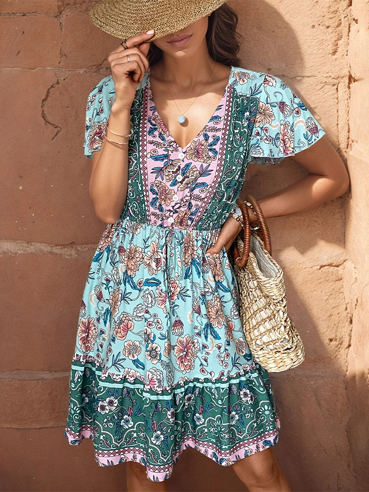 Summer Bohemian Dress Fashionable Printed V-neck Short Sleeves with Flower Tune Waist Ethnic Leisure Vacation Style 2024 Dresser