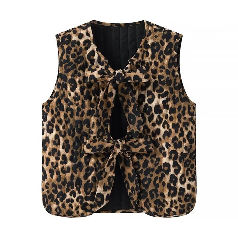 Maemukilabe Leopard Print Waistcoat Bowknot Front Sleeveless V-Neck Vest Vintage Jacket Cardigan Women Chic Fashion Streetwear