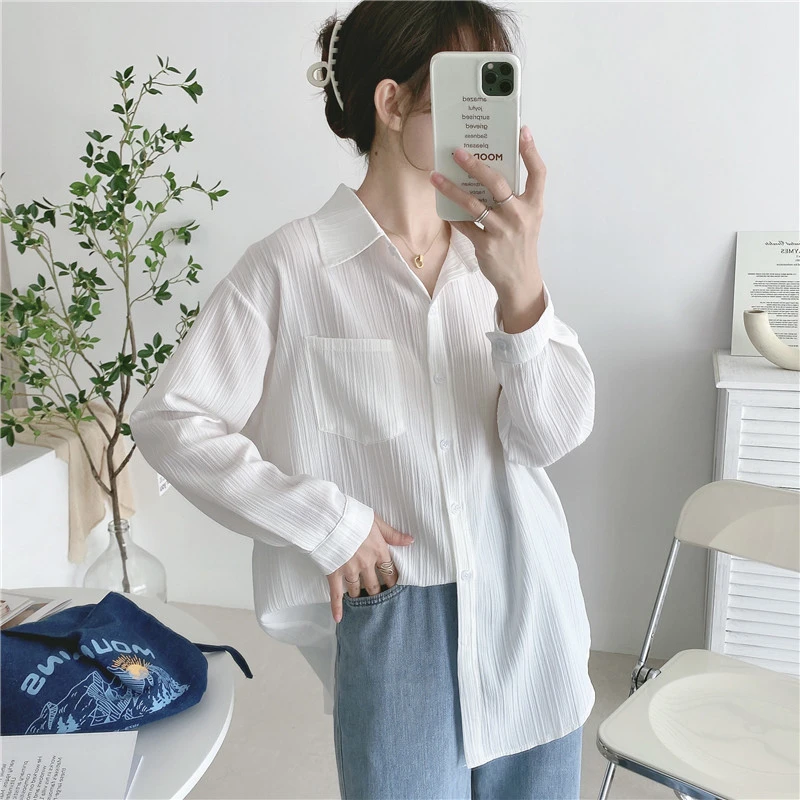 Spring Summer New Loose Pocket Patichwork Solid Shirts Tops Long Sleeve Polo Neck Simple Blouse Casual Fashion Women Clothing