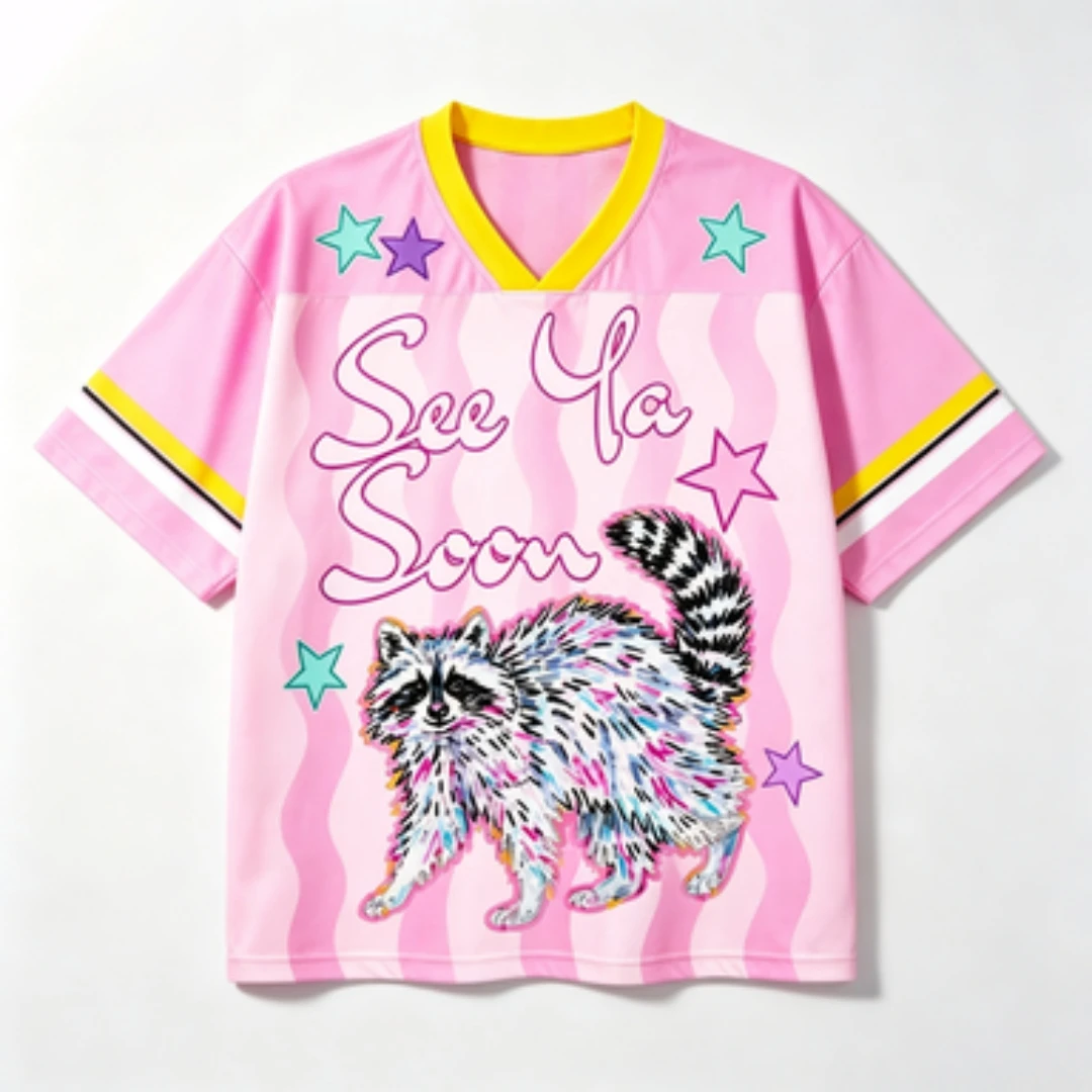 2026 New 3D Printed Cute Raccoon Star Letter Pattern Pink Yellow Splicing Mesh Loose Short Sleeve Street Sports T-shirt