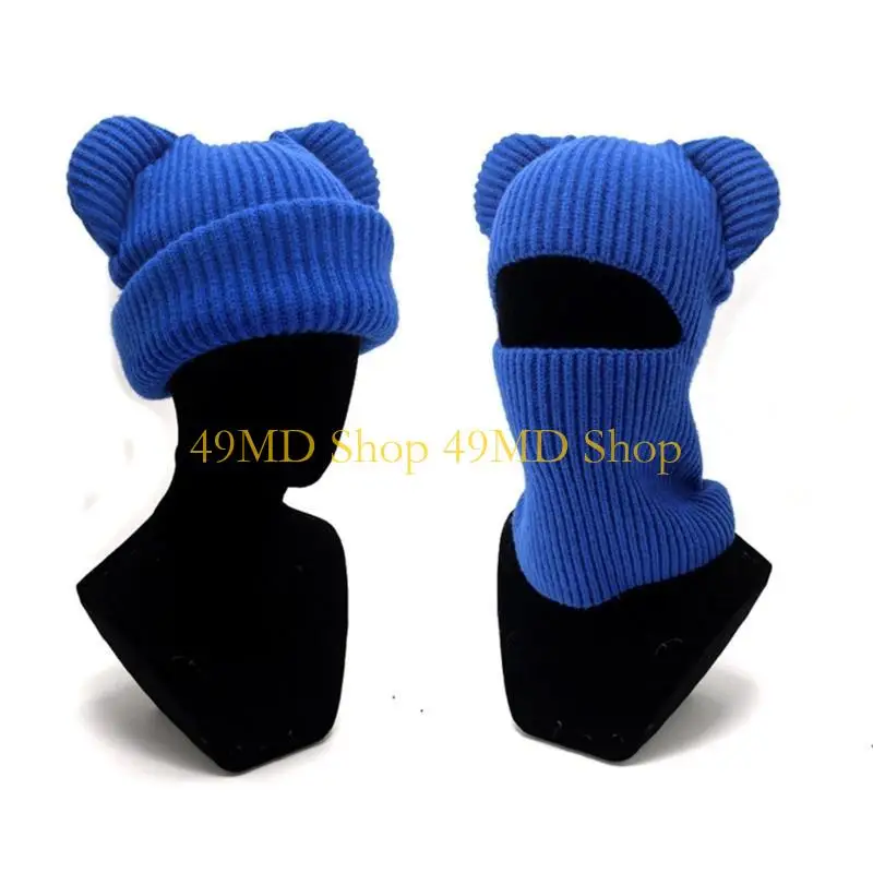 49MD Knitted Hat for Teenagers Adult Windproof Eye Exposed Hat Cartoon Bear Ear Keep Warm Windproof Balaclava Hat