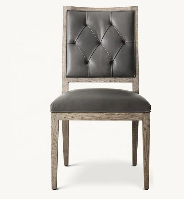 High quality solid oak dining chair French modern tufted square leather dining chair