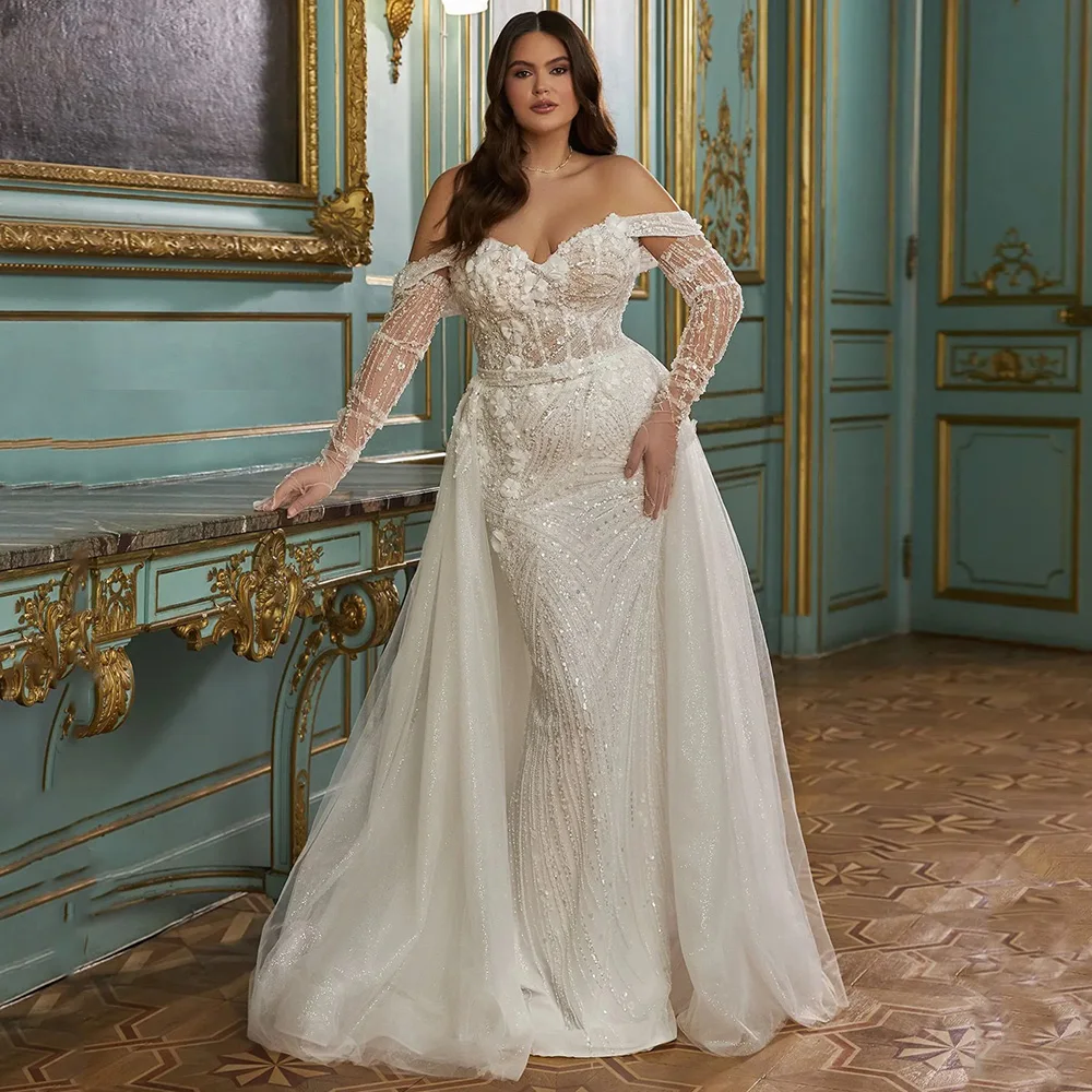 Robe de mariée scintillante grande taille, avec traîne détachable, personnalisée, épaules dénudées, chérie, perles, traîne de balayage, robe de mariée arabe