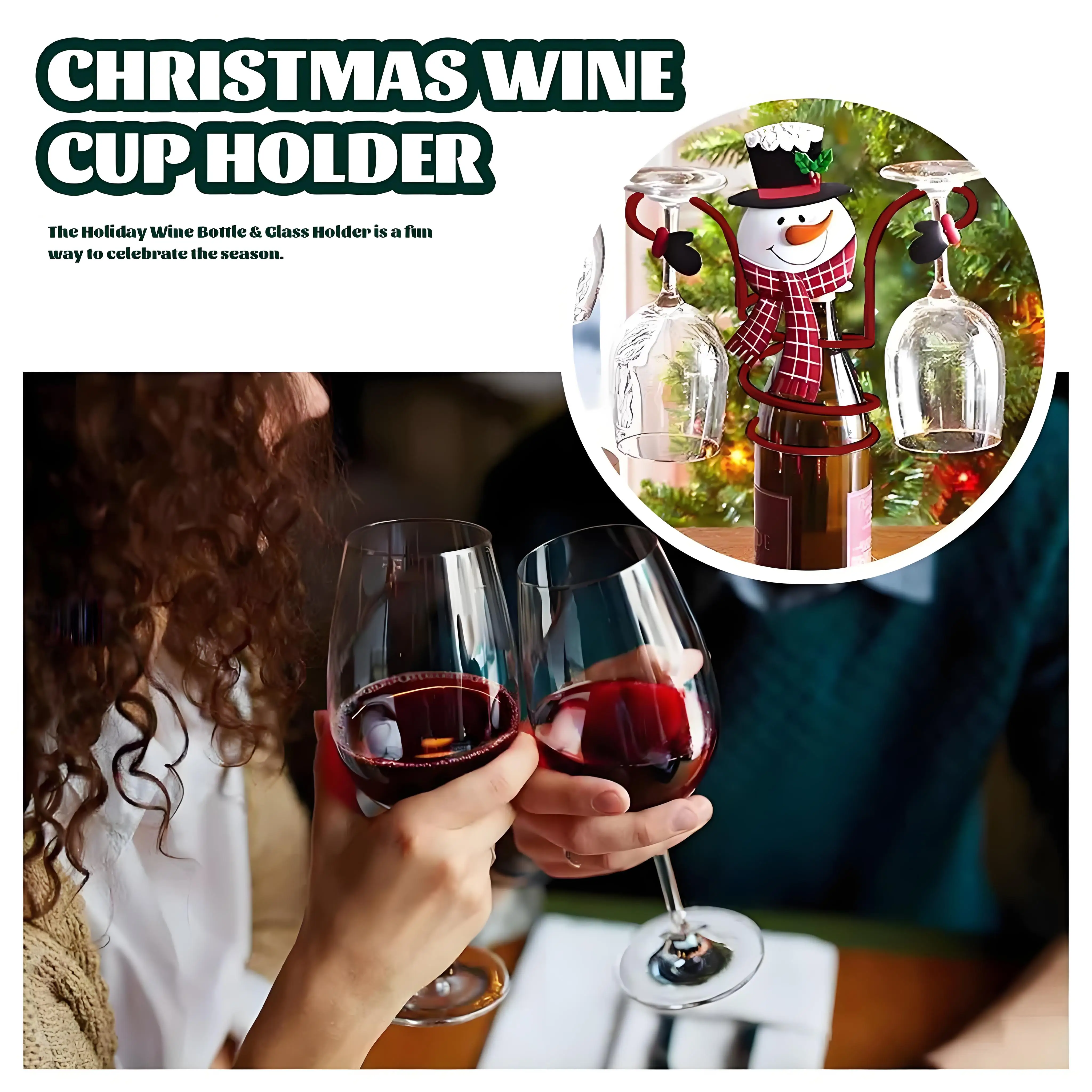 Festive Snowman Wine Bottle Holder, Metal Rack Holds 1 Bottle & 2 Glasses - Christmas Party & Home Bar Decor