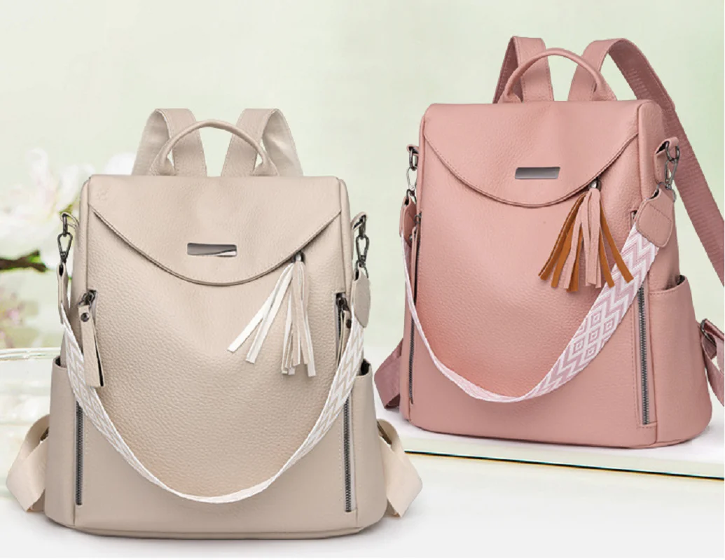 New Fashion Tassels High Quality Leather Anti Theft Travel Backpacks Women's Large Capacity Shoulder Bags Laptop School Bag