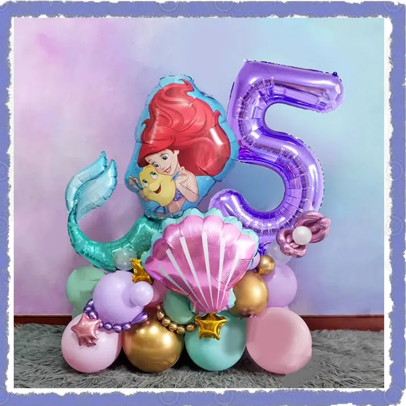 Disney The Little Mermaid Birthday Decorations Tablecloth Tableware Set Birthday Gift Box Ariel Balloons Party Supplies For Kids