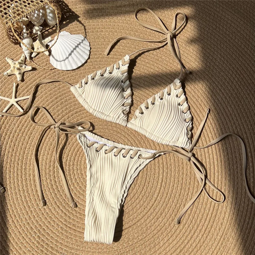 String Weave Halter Triangle Micro Bikinis Mujer Sexy Mini Thong Swimsuit Women Lace-up Swimwear Strój kąpielowy Bikini 2024 Mujer