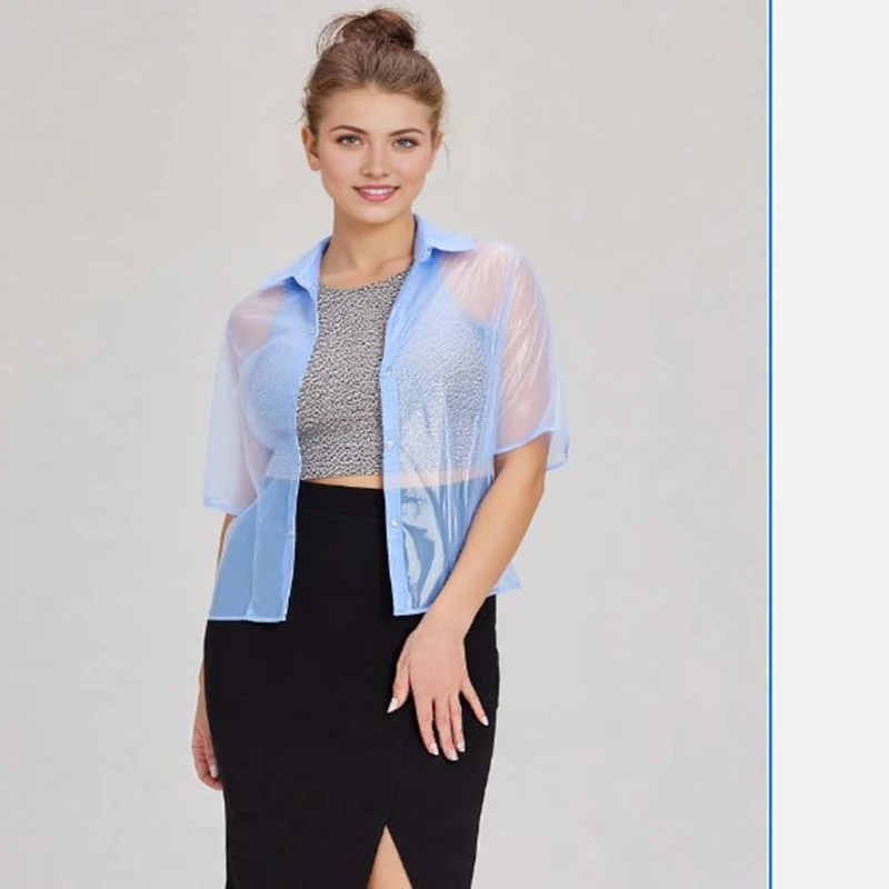 

Women Sexy Gloss Transparent PVC Plastic Short Sleeve Shirt Thin Soft Smooth Silent Erotic Waterproof Top Private Party Clubwear