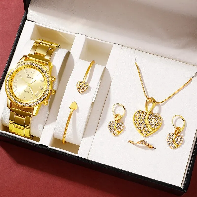 6PCS Set Luxury Watch Women Ring Necklace Earrings Rhinestone Fashion Wristwatch Female Casual Ladies Watches Bracelet Set Clock