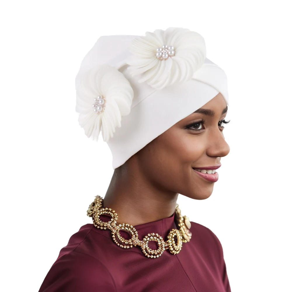 

Flower Turban Cap for Women African Auto Gele Headties Muslim Hijab Bead Bonnet Headscarf Female Wedding Cap Head Wraps Turbante