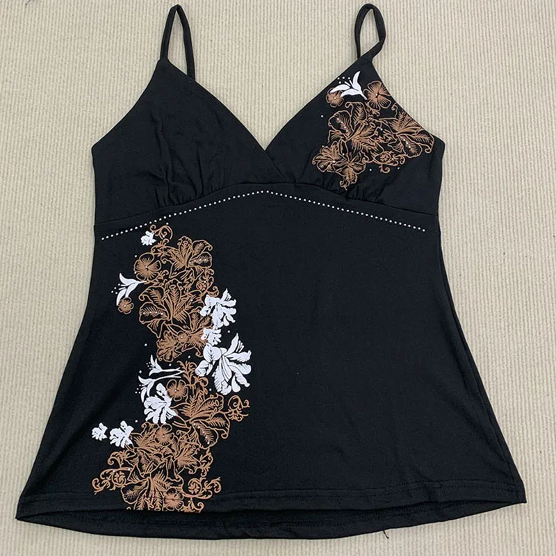 Ästhetisches Blumenmuster Strass-Dekor Schlankes Camisole-Top Sommer V-Ausschnitt Rückenfreies Mode-Streetwear Vintage Harajuku Ärmelloses Oberteil