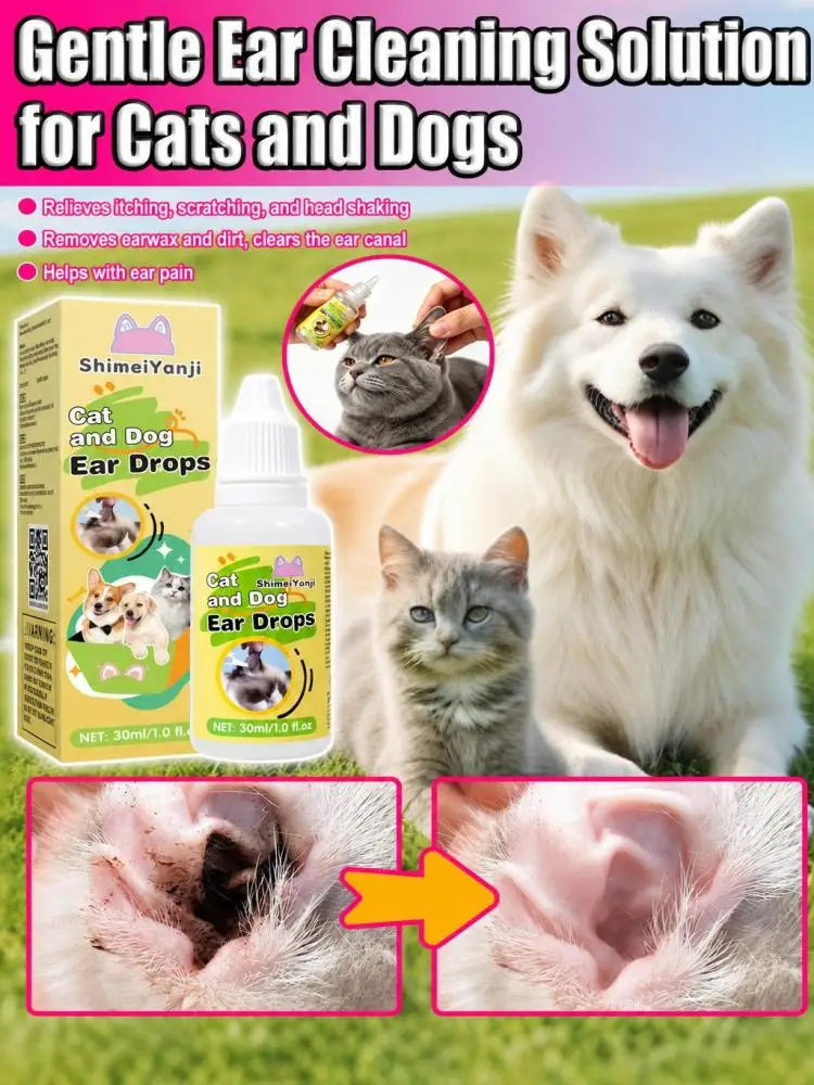 Pet Ear Drops for Cats & Dogs, Gentle Ear Care Liquid to Soften Ear Wax & Debris, Daily Ear Canal Cleaning Solution for Kitten Puppy Household Pet Ear Maintenance Care