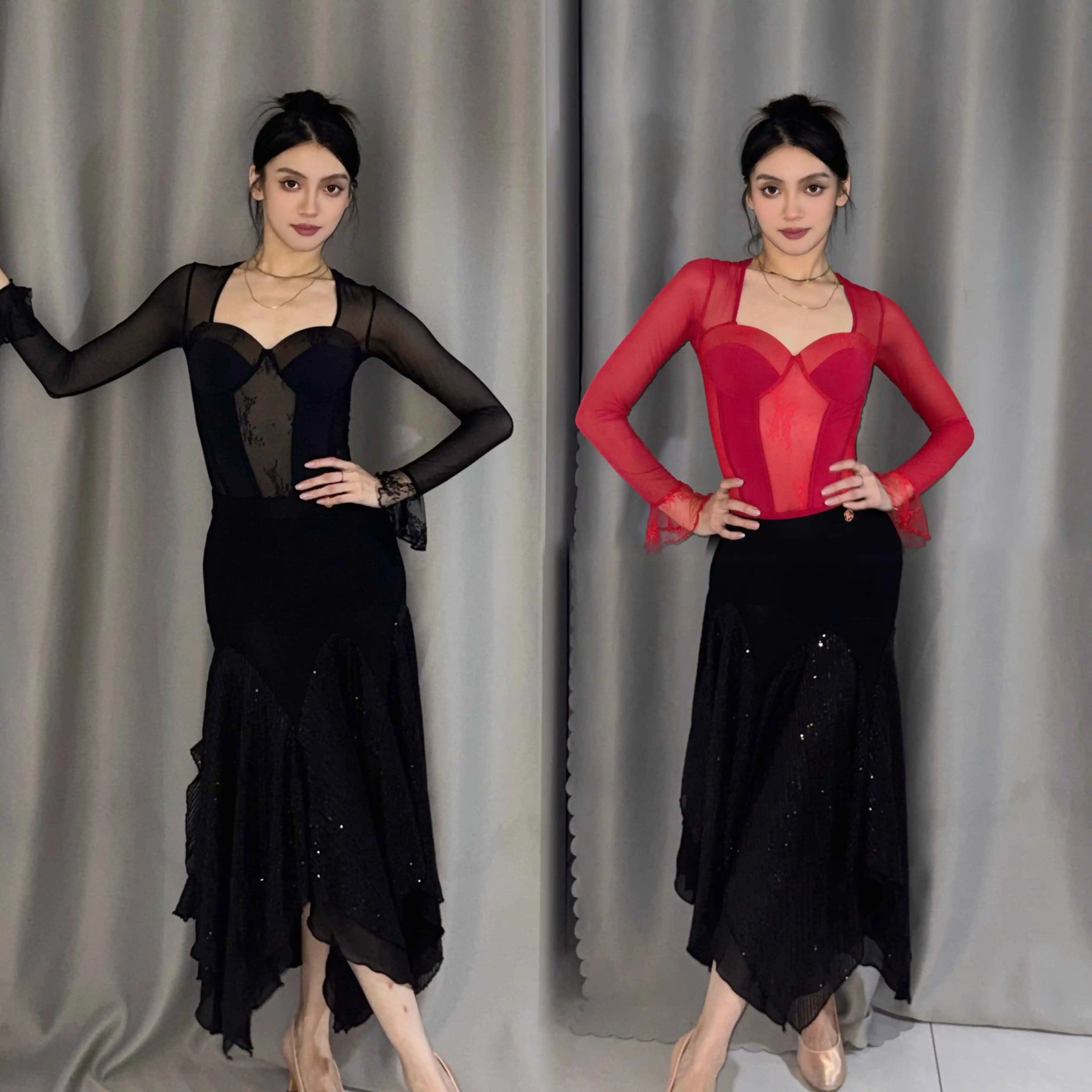 

Одежда для бальных танцев, женские топы с длинными рукавами, юбка со стразами, костюм для вальса, одежда для латинских танцев для взрослых, DNV25356