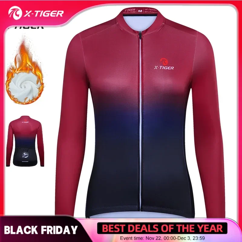 X-TIGER Cycling Jerseys Lady Winter Thermal Biking Jersey Long Sleeve Keep Warm Gradient Series Sport Running Bicycle Shirts