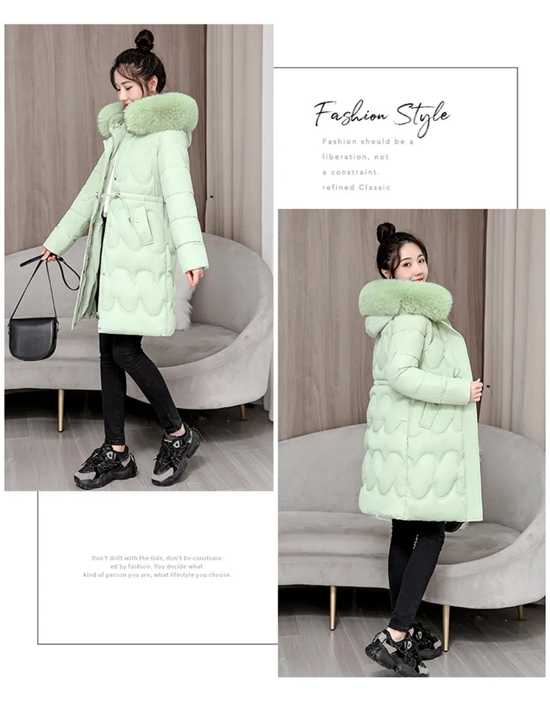 2026 Winter New Fur Collar Puffer Down Parka Loose Long Hooded Warmer Thicken Snow Jacket Pocket Zipper Outerwear Female