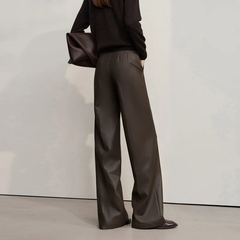 AMII Pants For Woman 2026 Winter New Minimalist Commuter PU Leather  Loose Wide-leg Pants Casual Office Lady Trousers 12524063