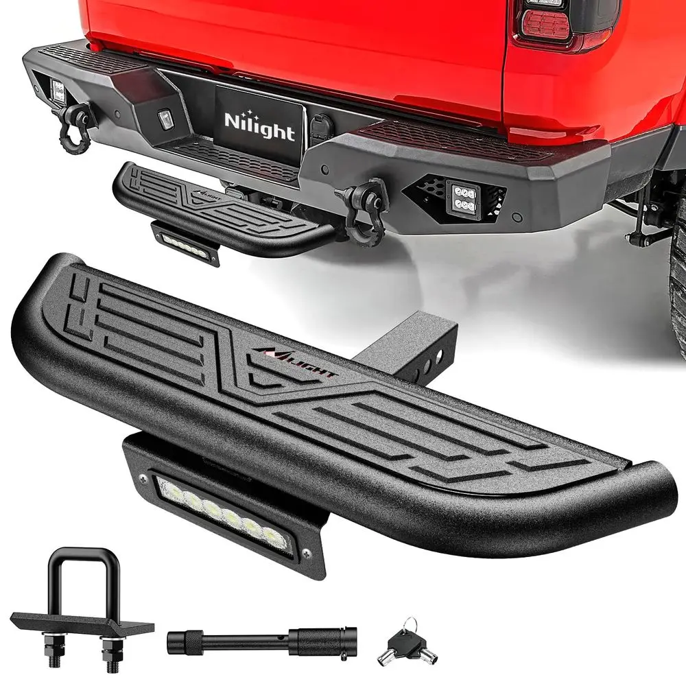 Hitch Step 2 Inch Receiver Unil with LED Light, Pin Lock and U-Bolts Stabilize,Rear Bumper Guard or Pickups Trucks SUVs ATVs