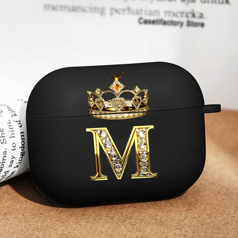 Diamond Crown Letter Airpods Case for AirPods Pro2 3 2 1 Pro Black Wireless Bluetooth Earphone Box Cute A-z Cover