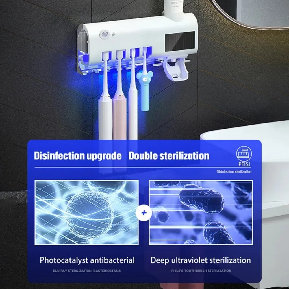 Soporte para cepillos de dientes UV, recargable, de secado rápido, montado en la pared, esterilizador de cepillos de dientes, exprimidor de pasta de