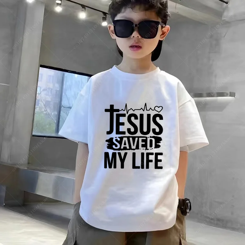 Cartoon Kids T-shirt JESUS Letter Print Short Sleeve Casual Tops Tee Kids Summer Boys Girls Clothes Teenager Fashion Summer Tees