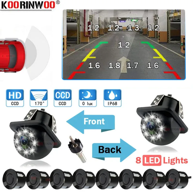 

Парктроник Koorinwoo, датчик парктроника s 8/6/4, радар-детектор, черный/серый/белый, датчик бампера, светодиодные лампы, камера с зеркальным изображением