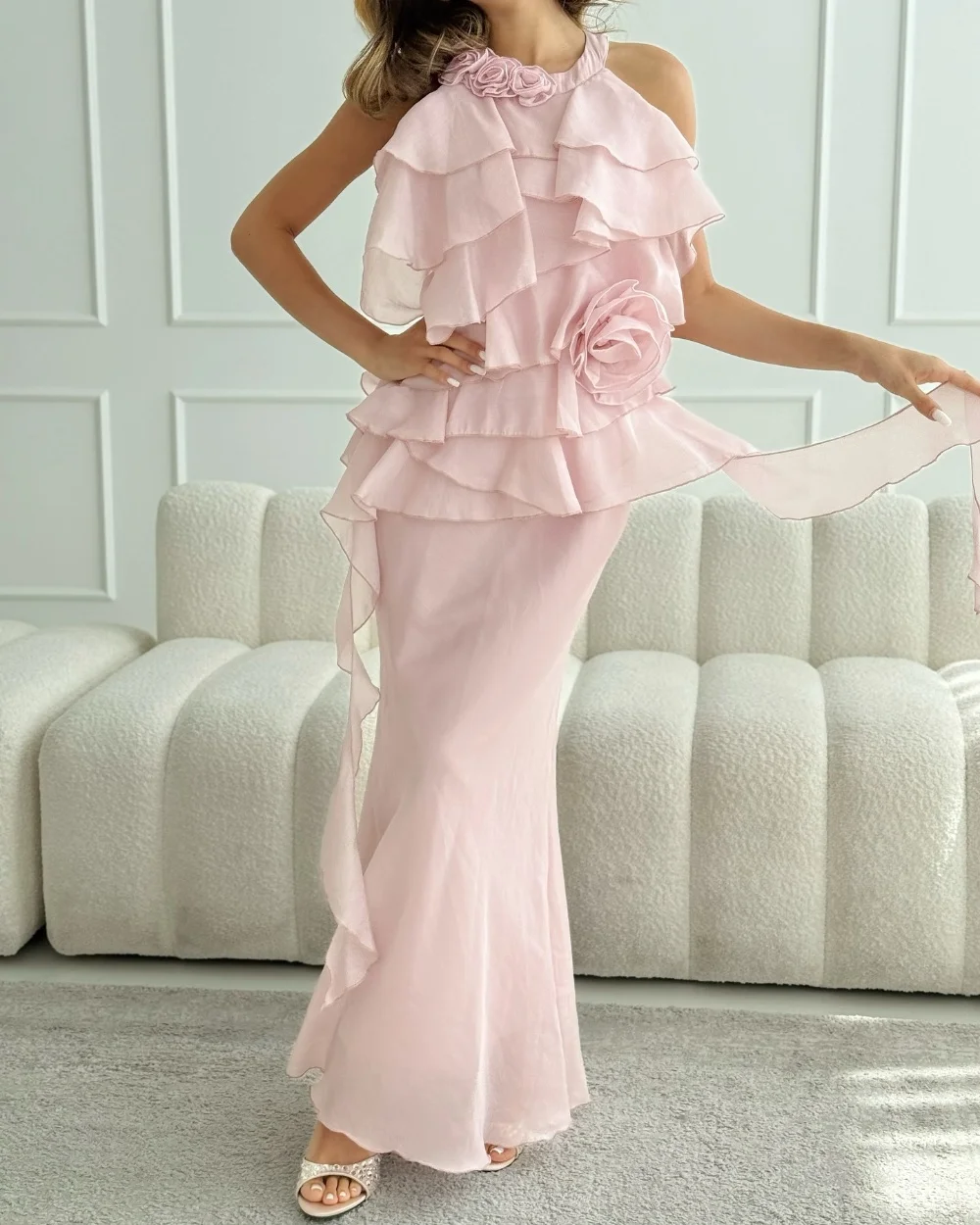 

Customized Exquisite Classic Chiffon Pleat Handmade Flower Mermaid High Collar Long Dresses Bespoke Occasion Dresses Fashion