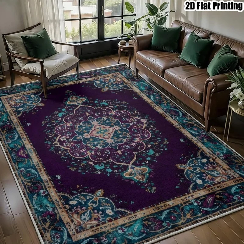 1Pc Bohemian Vintage Floral Pattern Carpet, Persian Style Art Decorative Rug for Living Room, Bedroom, Dining Room, Bedside, Indoor and Outdoor Patio, Home Decor