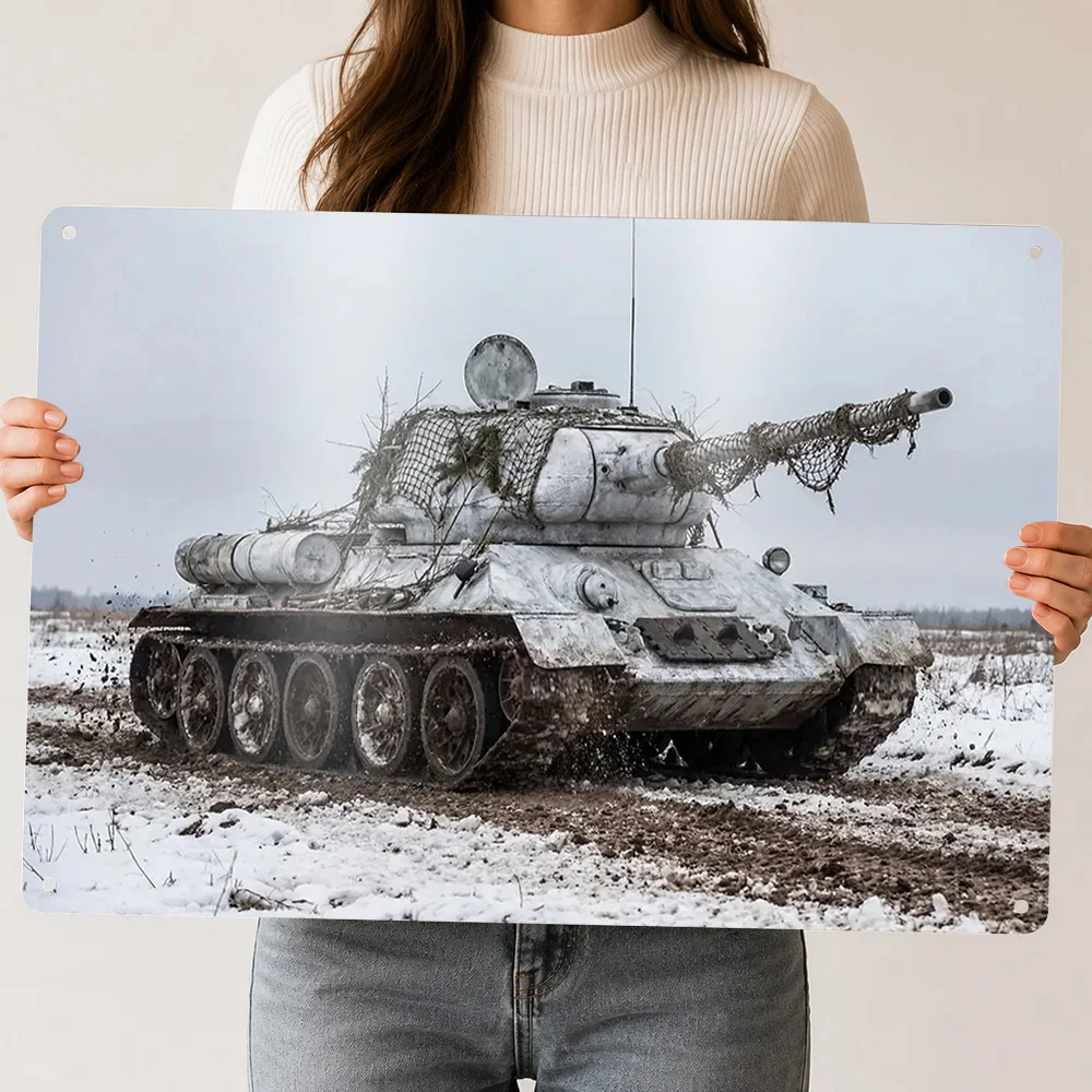 White Tank in Snowy Field Metal Poster Perfect Gift for Fans Lovers Customized Wall Art Metal Sign for Bedroom Decoration Gaming