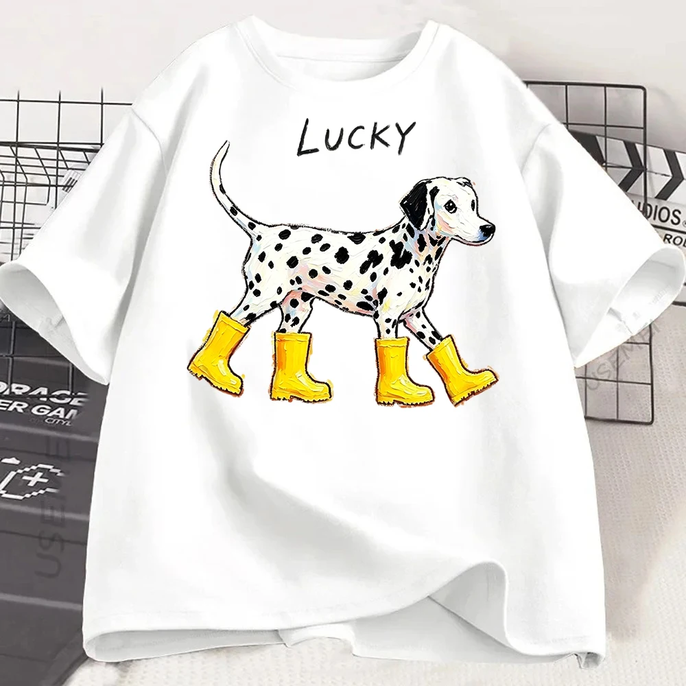 Cute Dog Print T-shirt Women Summer Loose Short Sleeve Cartoon Puppy Graphic Tee Funny Rain Boots Pet Top Y2k Graphic T Shirts